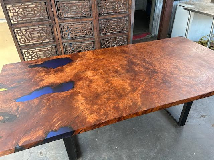Redwood Lace Burl Dining Table with Steel Legs