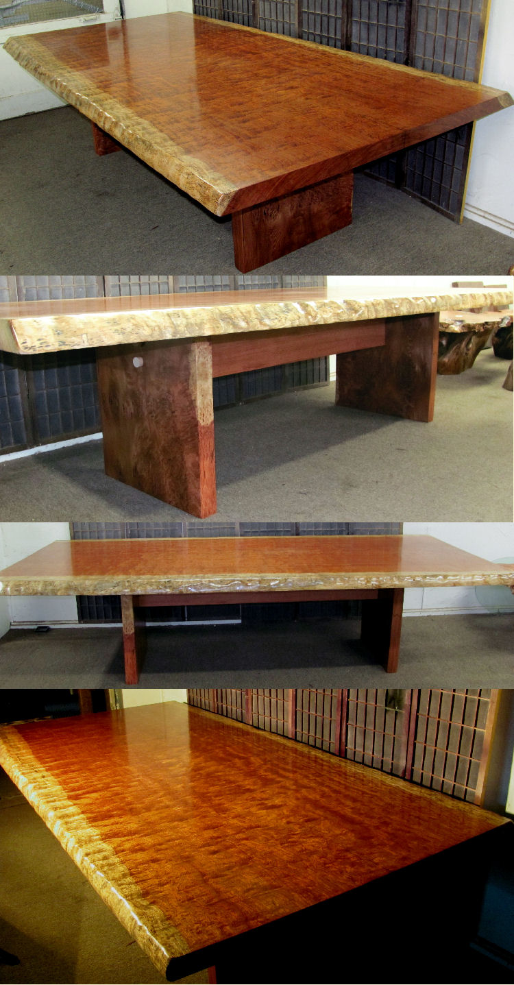 African Bubinga Pommele Dining or Conference Table; Lace Redwood Burl Legs